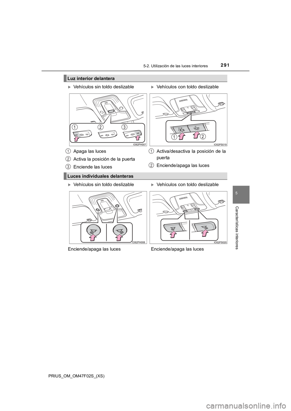 TOYOTA PRIUS 2022  Manual del propietario (in Spanish) PRIUS_OM_OM47F02S_(XS)
2915-2. Utilización de las luces interiores
5
Características interiores
Luz interior delantera
Vehículos sin toldo deslizableVehículos con toldo deslizable
Apaga las 