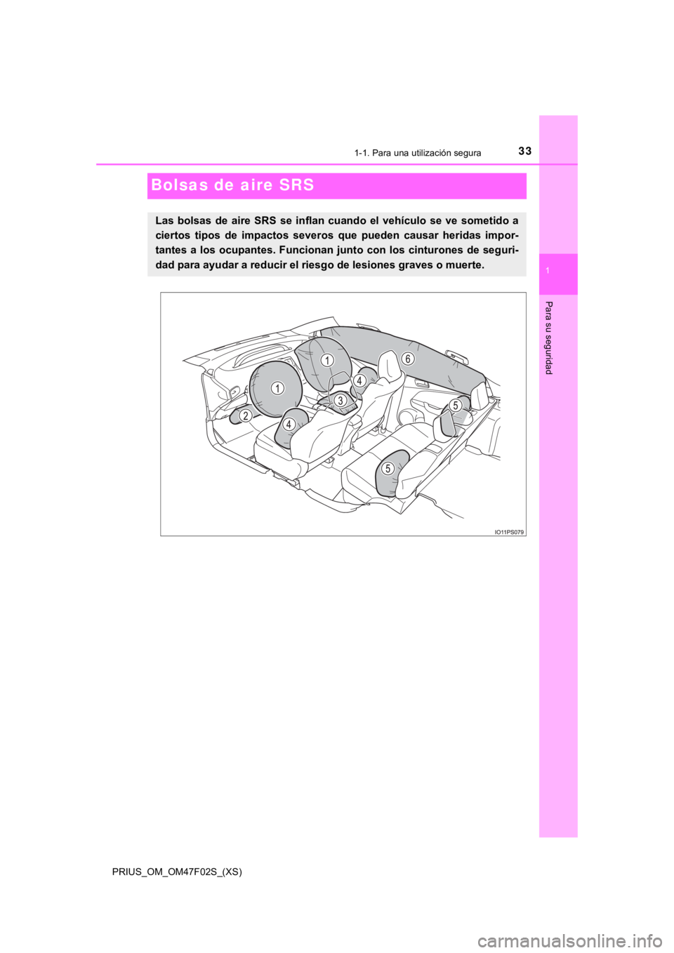 TOYOTA PRIUS 2022 Manual del propietario (in Spanish) 331-1. Para una utilización segura
PRIUS_OM_OM47F02S_(XS)
1
Para su seguridad
Bolsas de aire SRS
Las bolsas de aire SRS se inflan cuando el vehículo se ve sometido a
ciertos tipos de TOYOTA PRIUS 2022 Manual del propietario (in Spanish) 331-1. Para una utilización segura
PRIUS_OM_OM47F02S_(XS)
1
Para su seguridad
Bolsas de aire SRS
Las bolsas de aire SRS se inflan cuando el vehículo se ve sometido a
ciertos tipos de