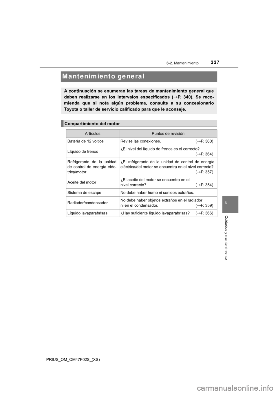 TOYOTA PRIUS 2022 Manual del propietario (in Spanish) 337
PRIUS_OM_OM47F02S_(XS)
6-2. Mantenimiento
6
Cuidados y mantenimiento
Mantenimiento general
A continuación se enumeran las tareas de mantenimiento general que
deben realizarse en los i TOYOTA PRIUS 2022 Manual del propietario (in Spanish) 337
PRIUS_OM_OM47F02S_(XS)
6-2. Mantenimiento
6
Cuidados y mantenimiento
Mantenimiento general
A continuación se enumeran las tareas de mantenimiento general que
deben realizarse en los i