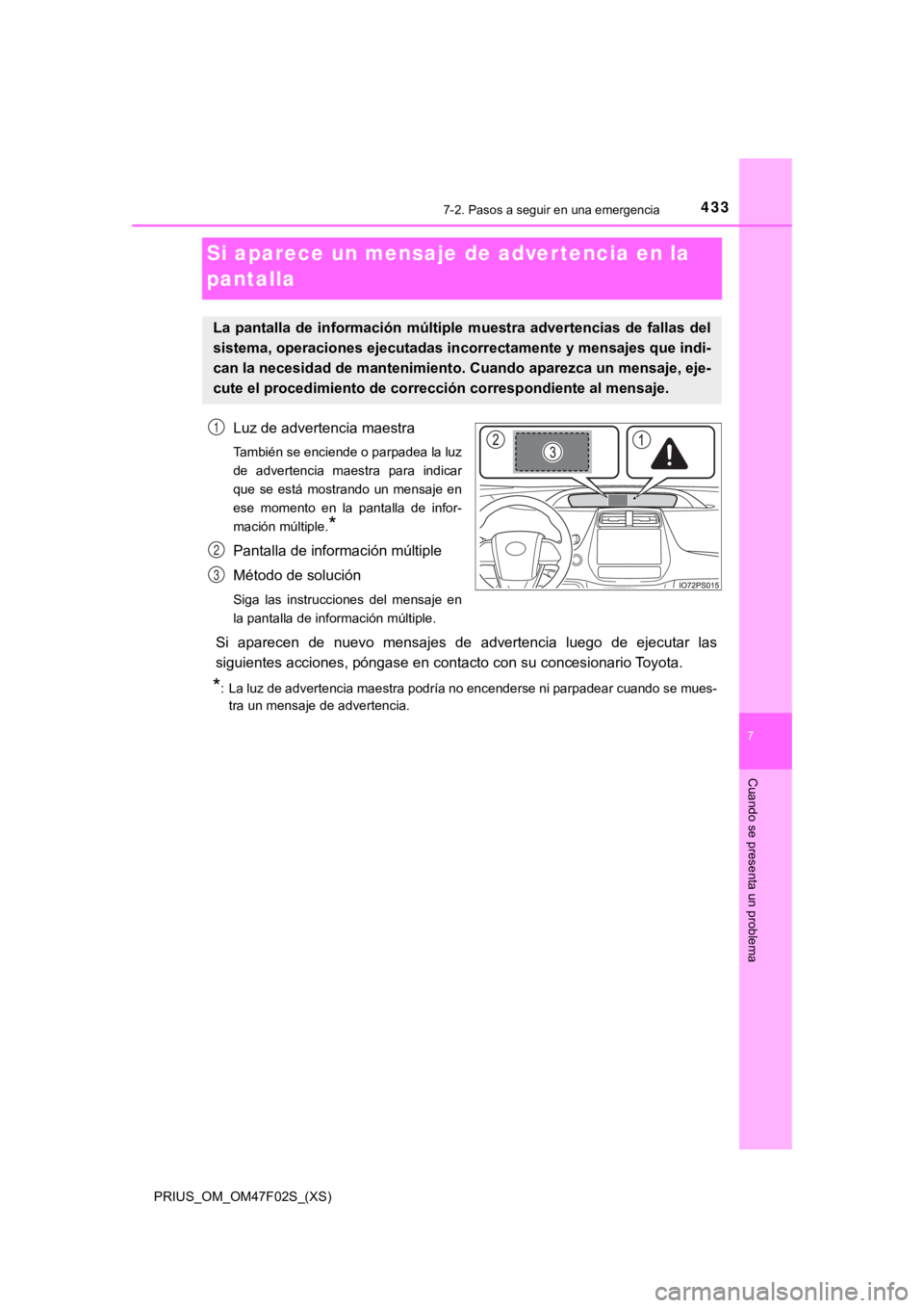 TOYOTA PRIUS 2022 Manual del propietario (in Spanish) 433
PRIUS_OM_OM47F02S_(XS)
7-2. Pasos a seguir en una emergencia
7
Cuando se presenta un problema
Si aparece un mensaje de advertencia en la
pantalla
Luz de advertencia maestra
También se enciende o TOYOTA PRIUS 2022 Manual del propietario (in Spanish) 433
PRIUS_OM_OM47F02S_(XS)
7-2. Pasos a seguir en una emergencia
7
Cuando se presenta un problema
Si aparece un mensaje de advertencia en la
pantalla
Luz de advertencia maestra
También se enciende o