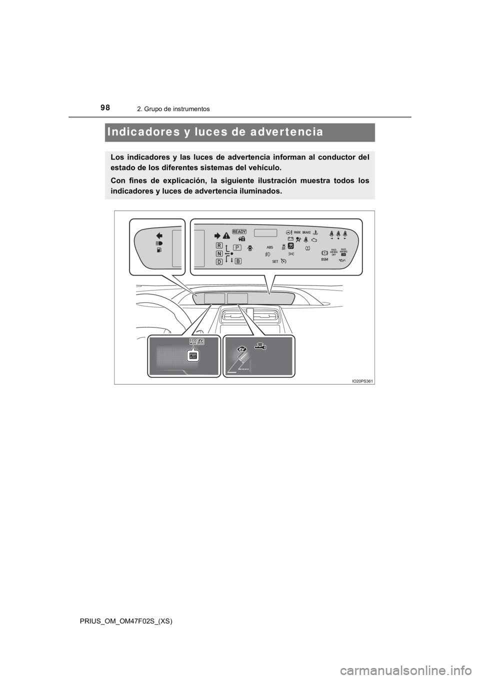 TOYOTA PRIUS 2022  Manual del propietario (in Spanish) 98
PRIUS_OM_OM47F02S_(XS)
2. Grupo de instrumentos
Indicadores y luces de advertencia
Los  indicadores  y  las  luces  de  advertencia  informan  al  conductor  del
estado de los diferentes sistemas d