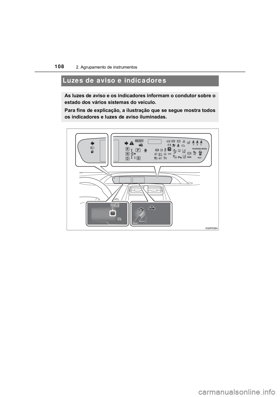 TOYOTA PRIUS 2022  Manual de utilização (in Portuguese) 1082. Agrupamento de instrumentos
Luzes de aviso e indicadores
As luzes de aviso e os indicadores informam o condutor sobre o
estado dos vários sistemas do veículo.
Para fins de explicação, a ilus