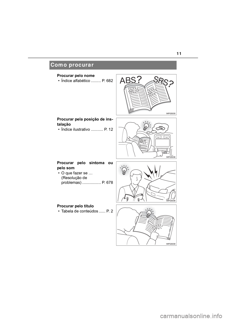 TOYOTA PRIUS 2022 Manual de utilização (in Portuguese) 11
Como procurar
Procurar pelo nome
• Índice alfabético ......... P. 682
Procurar pela posição de ins-
talação
• Índice ilustrativo ........... P. 12
Procurar pelo sintoma ou
pelo som
TOYOTA PRIUS 2022 Manual de utilização (in Portuguese) 11
Como procurar
Procurar pelo nome
• Índice alfabético ......... P. 682
Procurar pela posição de ins-
talação
• Índice ilustrativo ........... P. 12
Procurar pelo sintoma ou
pelo som