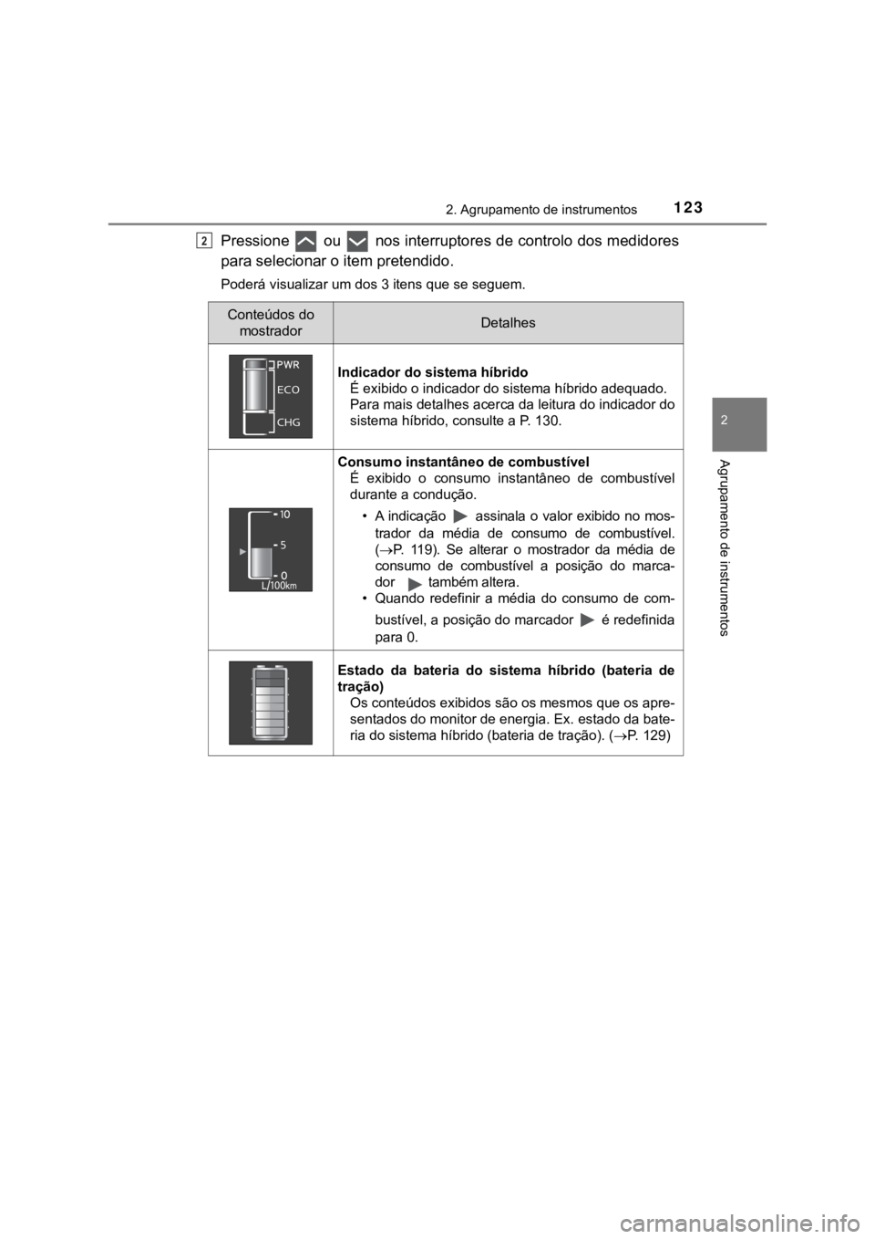 TOYOTA PRIUS 2022 Manual de utilização (in Portuguese) 1232. Agrupamento de instrumentos
2
Agrupamento de instrumentos
Pressione ou nos interruptores de controlo dos medidores
para selecionar o item pretendido.
Poderá visualizar um dos 3 itens que se TOYOTA PRIUS 2022 Manual de utilização (in Portuguese) 1232. Agrupamento de instrumentos
2
Agrupamento de instrumentos
Pressione ou nos interruptores de controlo dos medidores
para selecionar o item pretendido.
Poderá visualizar um dos 3 itens que se
