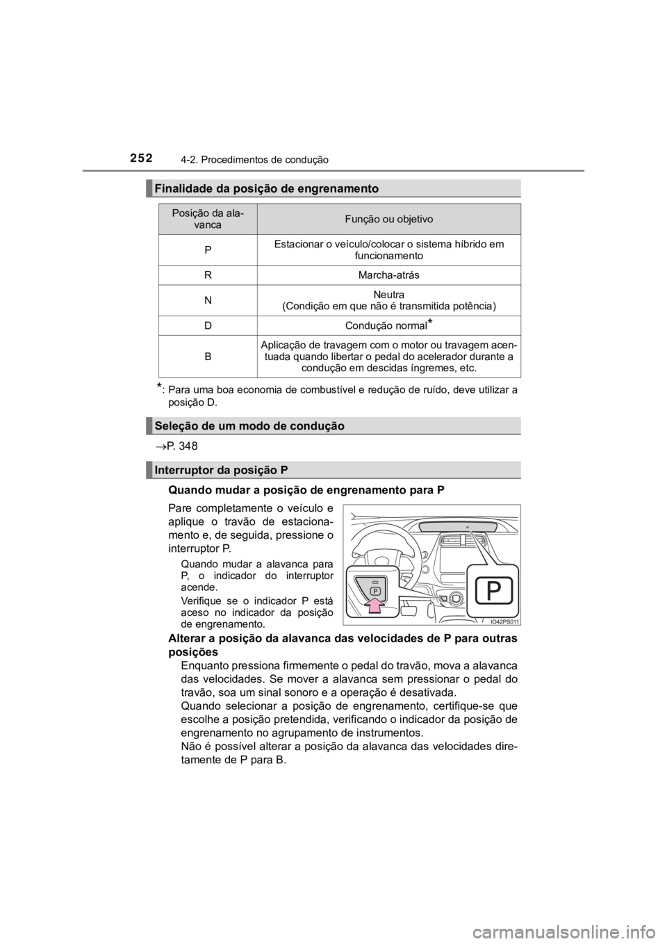 TOYOTA PRIUS 2022  Manual de utilização (in Portuguese) 2524-2. Procedimentos de condução
*: Para uma boa economia de combustível e redução de ruído, deve utilizar a
posição D.
P.   3 4 8
Quando mudar a posição de engrenamento para P
Pare  com