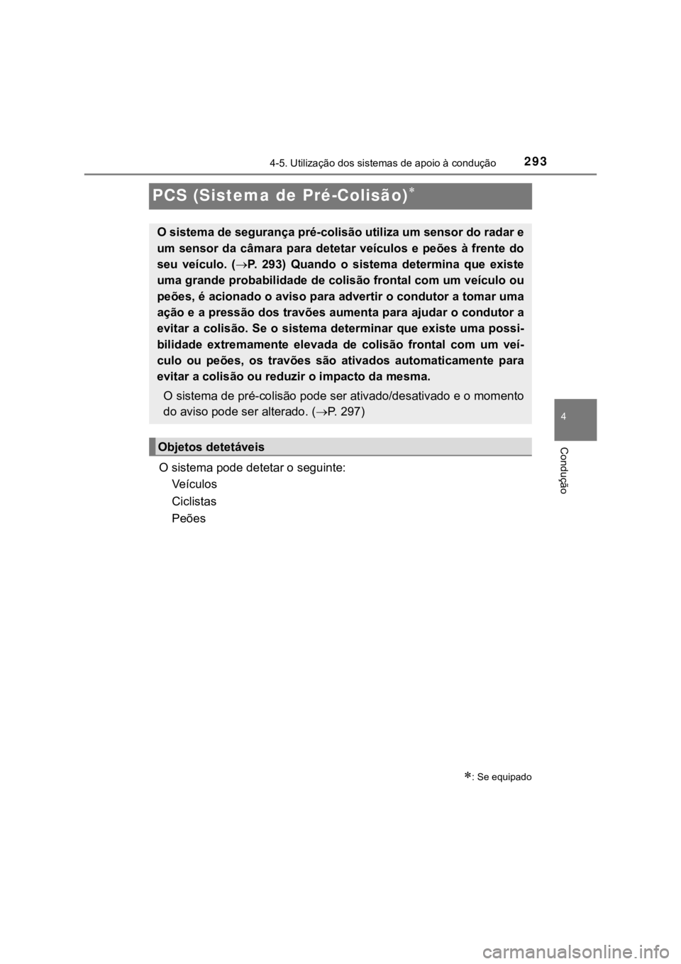 TOYOTA PRIUS 2022 Manual de utilização (in Portuguese) 293
4
4-5. Utilização dos sistemas de apoio à condução
Condução
PCS (Sistema de Pré-Colisão)
O sistema pode detetar o seguinte:
Veículos
Ciclistas
Peões
: Se equipado
O sistema de s TOYOTA PRIUS 2022 Manual de utilização (in Portuguese) 293
4
4-5. Utilização dos sistemas de apoio à condução
Condução
PCS (Sistema de Pré-Colisão)
O sistema pode detetar o seguinte:
Veículos
Ciclistas
Peões
: Se equipado
O sistema de s