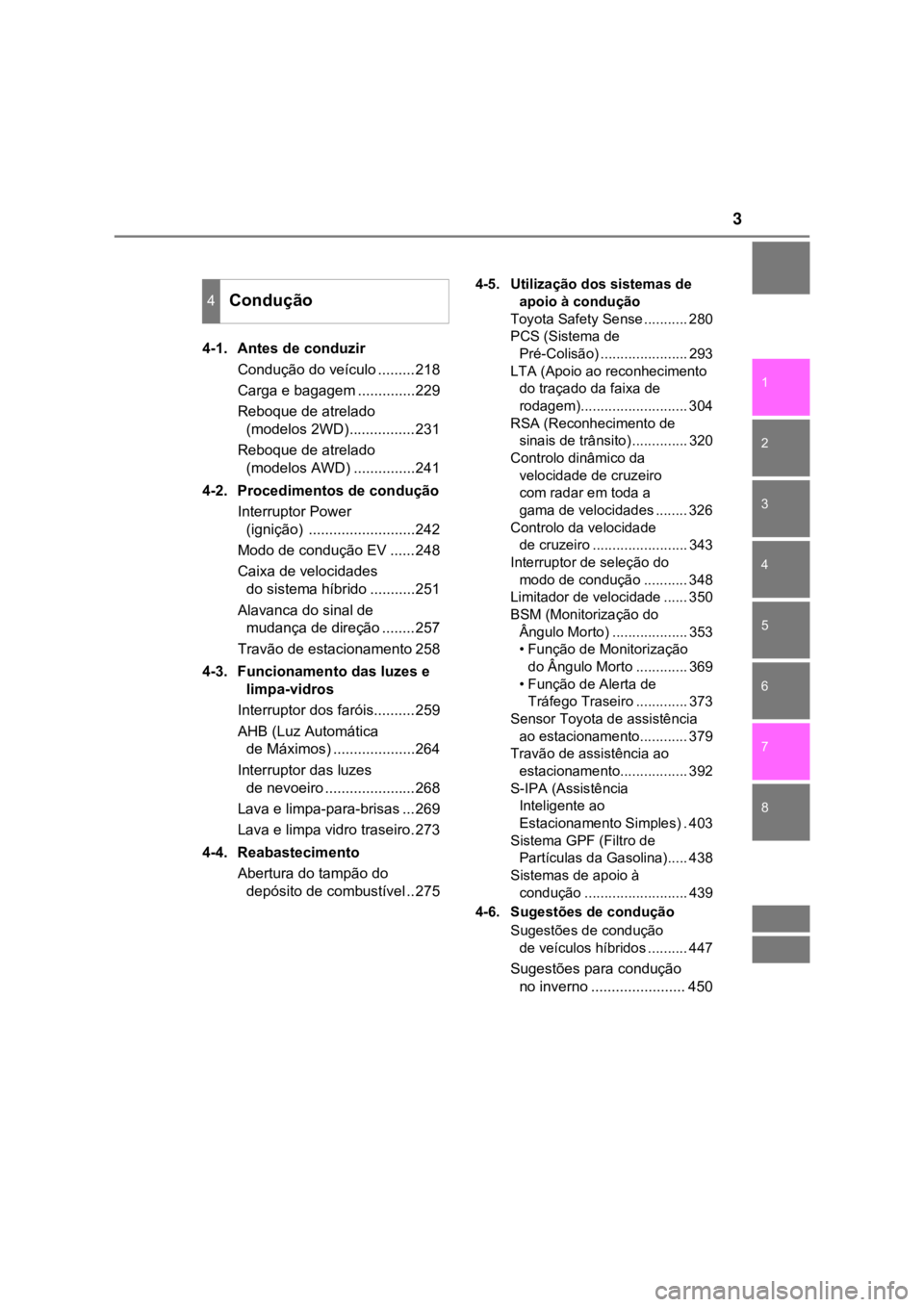 TOYOTA PRIUS 2022  Manual de utilização (in Portuguese) 3
1
8 7
6
5
4
3
2
4-1. Antes de conduzir
Condução do veículo .........218
Carga e bagagem ..............229
Reboque de atrelado 
(modelos 2WD)................231
Reboque de atrelado 
(modelos AWD) 