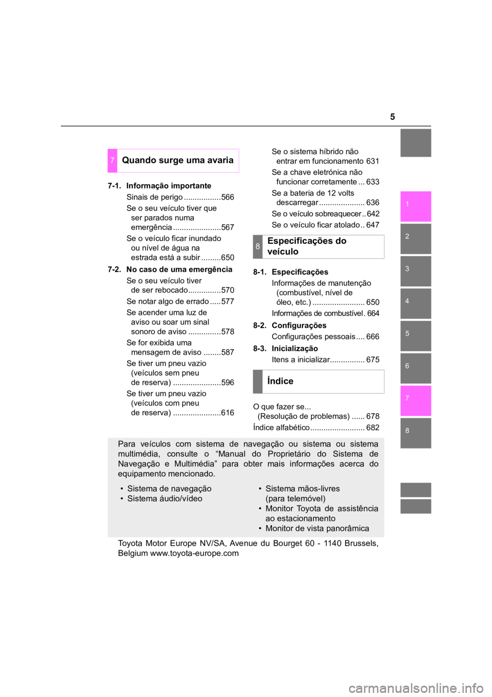 TOYOTA PRIUS 2022  Manual de utilização (in Portuguese) 5
1
8 7
6
5
4
3
2
7-1. Informação importante
Sinais de perigo .................566
Se o seu veículo tiver que 
ser parados numa 
emergência ......................567
Se o veículo ficar inundado 
