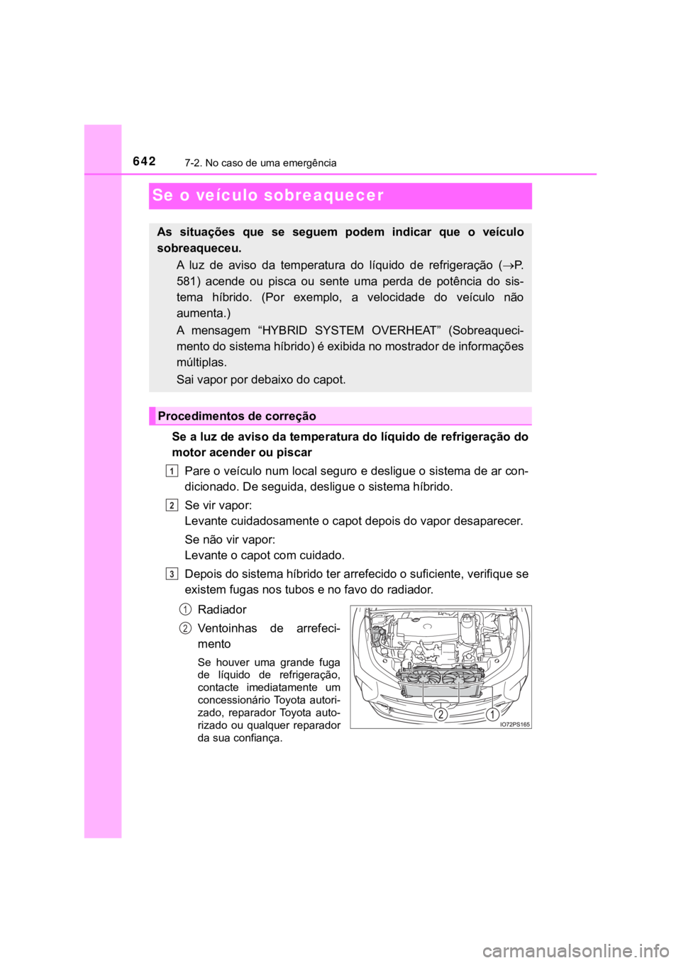 TOYOTA PRIUS 2022  Manual de utilização (in Portuguese) 6427-2. No caso de uma emergência
Se o veículo sobreaquecer
Se a luz de aviso da temperatura do líquido de refrigeração do
motor acender ou piscar
Pare o veículo num local seguro e desligue o si
