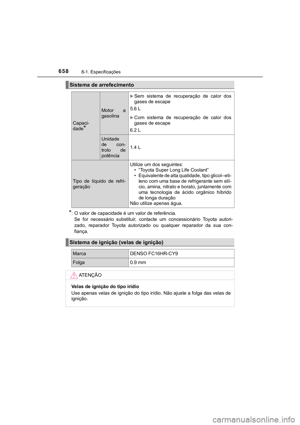 TOYOTA PRIUS 2022 Manual de utilização (in Portuguese) 6588-1. Especificações
*: O valor de capacidade é um valor de referência.
Se for necessário substituir, contacte um concessionário Toyota autori-
zado, reparador Toyota autorizado ou TOYOTA PRIUS 2022 Manual de utilização (in Portuguese) 6588-1. Especificações
*: O valor de capacidade é um valor de referência.
Se for necessário substituir, contacte um concessionário Toyota autori-
zado, reparador Toyota autorizado ou