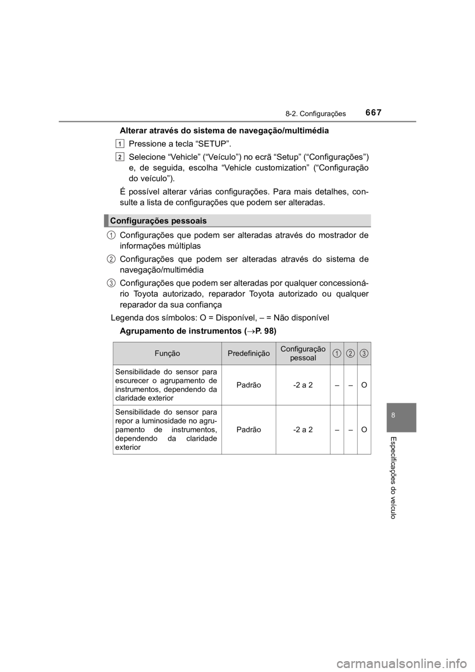 TOYOTA PRIUS 2022  Manual de utilização (in Portuguese) 6678-2. Configurações
8
Especificações do veículo
Alterar através do sistema de navegação/multimédia
Pressione a tecla “SETUP”.
Selecione “Vehicle” (“Veículo”) no ecrã “Setup