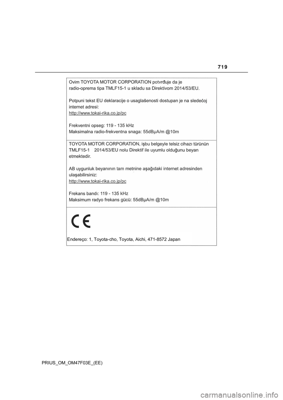 TOYOTA PRIUS 2022  Manual de utilização (in Portuguese) 719
PRIUS_OM_OM47F03E_(EE)
Endereço: 1, Toyota-cho, Toyota, Aichi, 471-8572 Japan 
