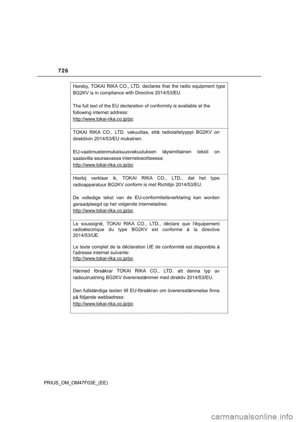 TOYOTA PRIUS 2022  Manual de utilização (in Portuguese) 726
PRIUS_OM_OM47F03E_(EE) 