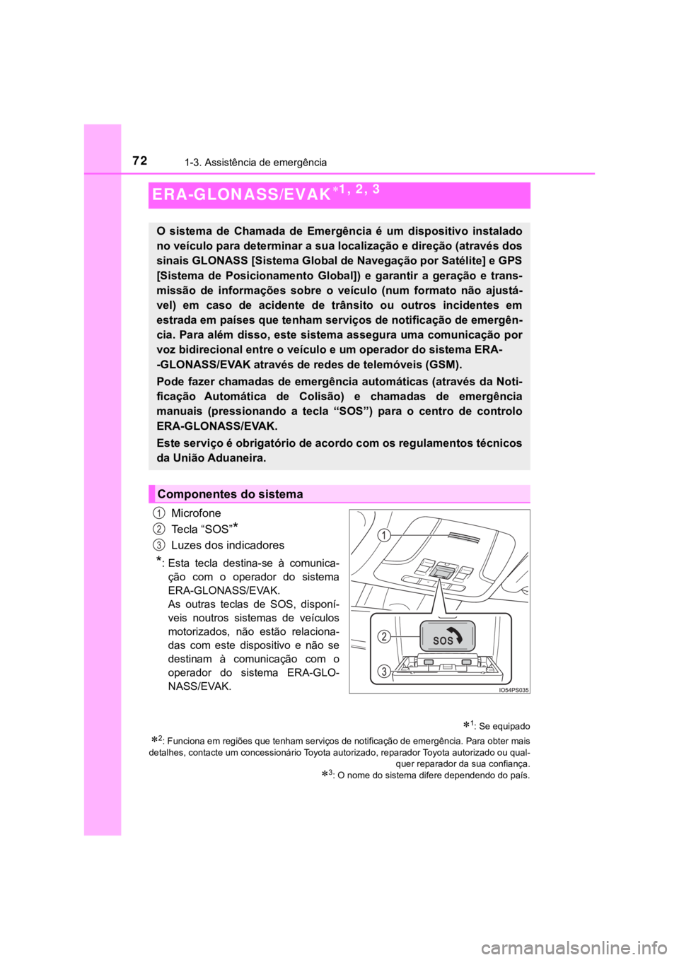 TOYOTA PRIUS 2022 Manual de utilização (in Portuguese) 721-3. Assistência de emergência
ERA-GLONASS/EVAK1, 2, 3
Microfone
Tecla “SOS”
*
Luzes dos indicadores
*: Esta tecla destina-se à comunica-
ção com o operador do sistema
ERA-GLONA TOYOTA PRIUS 2022 Manual de utilização (in Portuguese) 721-3. Assistência de emergência
ERA-GLONASS/EVAK1, 2, 3
Microfone
Tecla “SOS”
*
Luzes dos indicadores
*: Esta tecla destina-se à comunica-
ção com o operador do sistema
ERA-GLONA