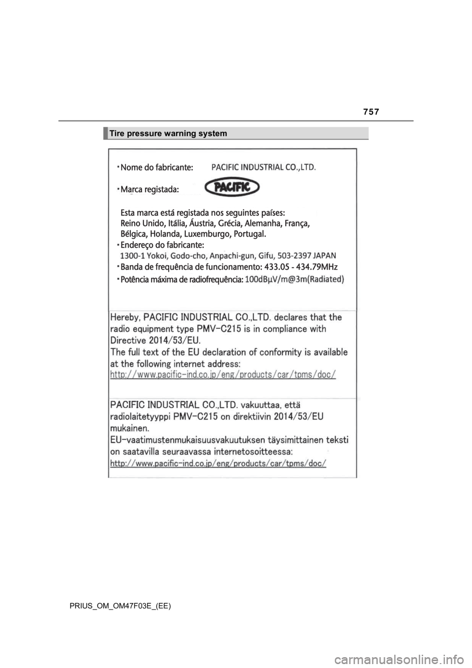 TOYOTA PRIUS 2022  Manual de utilização (in Portuguese) 757
PRIUS_OM_OM47F03E_(EE)
Tire pressure warning system
Nome do fabricante:Nome do fabricante:
Marca registada:Marca registada:
Esta marca está registada nos seguintes países:Esta marca está regist