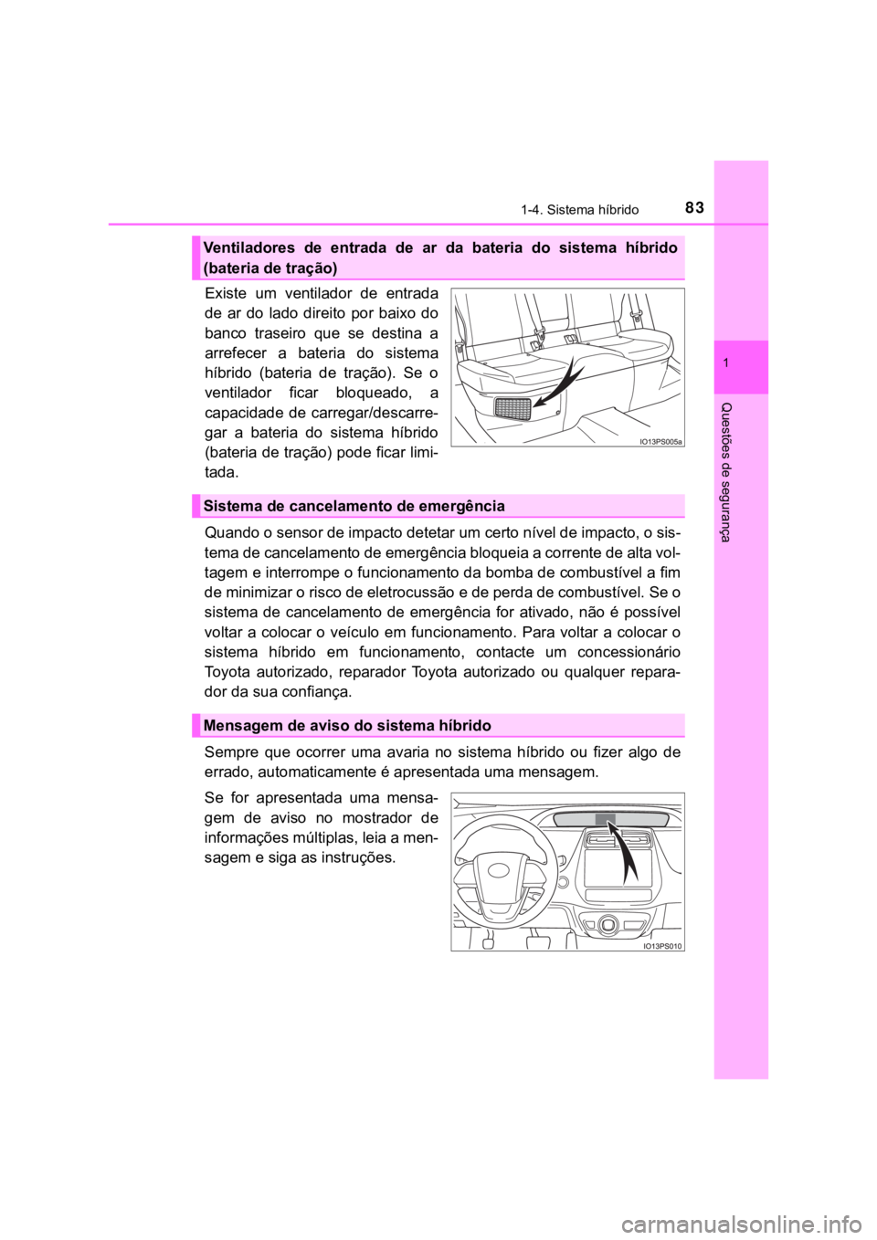 TOYOTA PRIUS 2022 Manual de utilização (in Portuguese) 831-4. Sistema híbrido
1
Questões de segurança
Existe um ventilador de entrada
de ar do lado direito por baixo do
banco traseiro que se destina a
arrefecer a bateria do sistema
TOYOTA PRIUS 2022 Manual de utilização (in Portuguese) 831-4. Sistema híbrido
1
Questões de segurança
Existe um ventilador de entrada
de ar do lado direito por baixo do
banco traseiro que se destina a
arrefecer a bateria do sistema