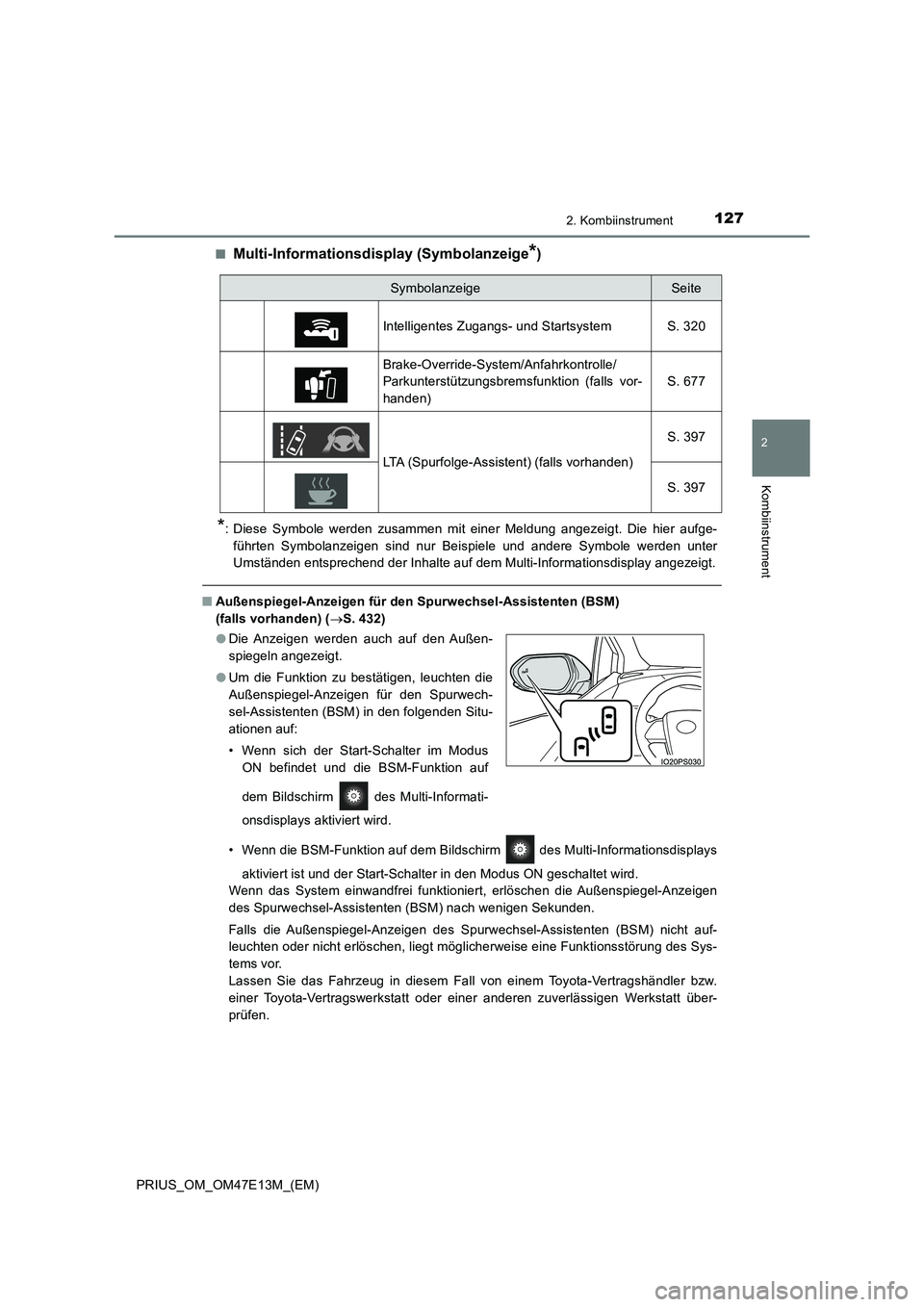 TOYOTA PRIUS 2021 Betriebsanleitungen (in German) 1272. Kombiinstrument
2
Kombiinstrument
PRIUS_OM_OM47E13M_(EM)■
Multi-Informationsdisplay (Symbolanzeige*)
*: Diese Symbole werden zusammen mit einer Meldung angezeigt. Die hier aufge-
fü TOYOTA PRIUS 2021 Betriebsanleitungen (in German) 1272. Kombiinstrument
2
Kombiinstrument
PRIUS_OM_OM47E13M_(EM)■
Multi-Informationsdisplay (Symbolanzeige*)
*: Diese Symbole werden zusammen mit einer Meldung angezeigt. Die hier aufge-
fü