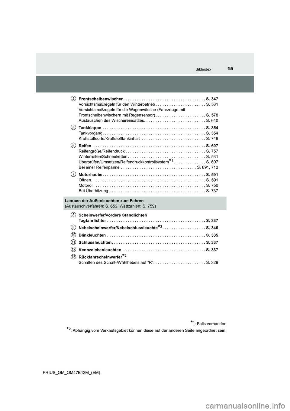 TOYOTA PRIUS 2021  Betriebsanleitungen (in German) 15Bildindex
PRIUS_OM_OM47E13M_(EM)Frontscheibenwischer . . . . . . . . . . . . . . . . . . . . . . . . . . . . . . . . . . . . S. 347
Vorsichtsmaßregeln für den Winterbetrieb . . . . . . . . . . . .