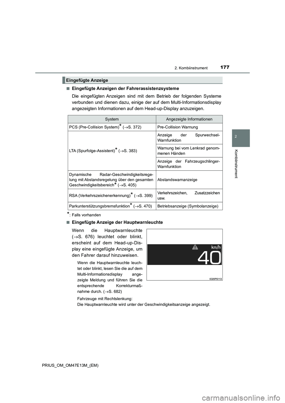 TOYOTA PRIUS 2021 Betriebsanleitungen (in German) 1772. Kombiinstrument
2
Kombiinstrument
PRIUS_OM_OM47E13M_(EM)■
Eingefügte Anzeigen der Fahrerassistenzsysteme
Die eingefügten Anzeigen sind mit dem Betrieb der folgenden Systeme
verbunde TOYOTA PRIUS 2021 Betriebsanleitungen (in German) 1772. Kombiinstrument
2
Kombiinstrument
PRIUS_OM_OM47E13M_(EM)■
Eingefügte Anzeigen der Fahrerassistenzsysteme
Die eingefügten Anzeigen sind mit dem Betrieb der folgenden Systeme
verbunde