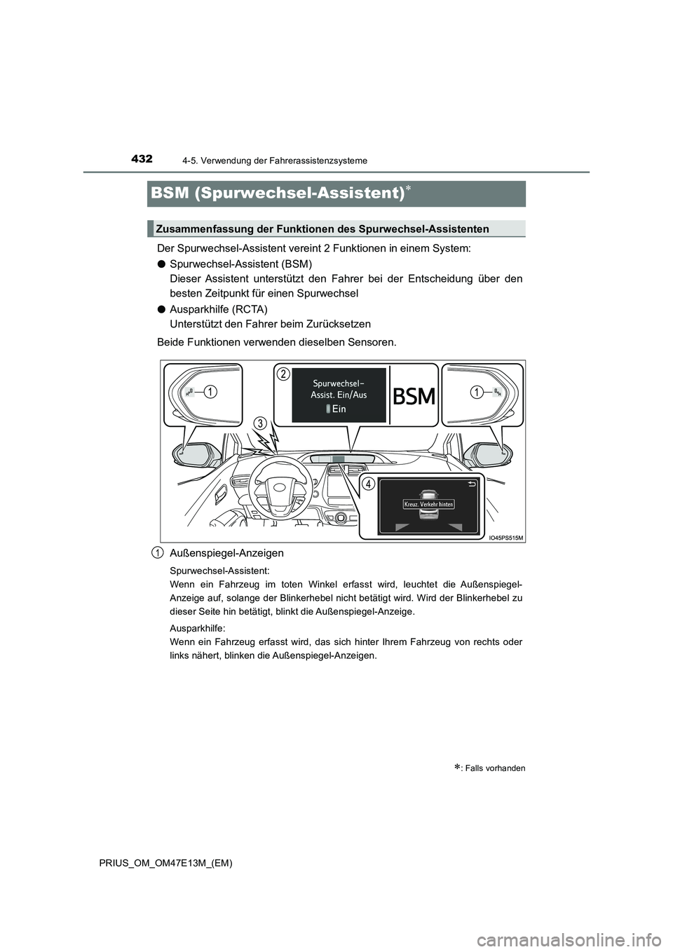 TOYOTA PRIUS 2021  Betriebsanleitungen (in German) 4324-5. Verwendung der Fahrerassistenzsysteme
PRIUS_OM_OM47E13M_(EM)
BSM (Spurwechsel-Assistent)
Der Spurwechsel-Assistent vereint 2 Funktionen in einem System:
●Spurwechsel-Assistent (BSM) 
Dies