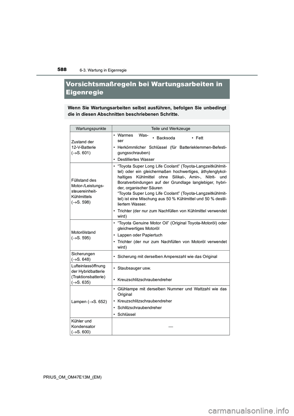TOYOTA PRIUS 2021 Betriebsanleitungen (in German) 5886-3. Wartung in Eigenregie
PRIUS_OM_OM47E13M_(EM)
Vorsichtsmaßregeln bei Wartungsarbeiten in
Eigenregie
Wenn Sie Wartungsarbeiten selbst ausführen, befolgen Sie unbedingt
die in diesen Ab TOYOTA PRIUS 2021 Betriebsanleitungen (in German) 5886-3. Wartung in Eigenregie
PRIUS_OM_OM47E13M_(EM)
Vorsichtsmaßregeln bei Wartungsarbeiten in
Eigenregie
Wenn Sie Wartungsarbeiten selbst ausführen, befolgen Sie unbedingt
die in diesen Ab