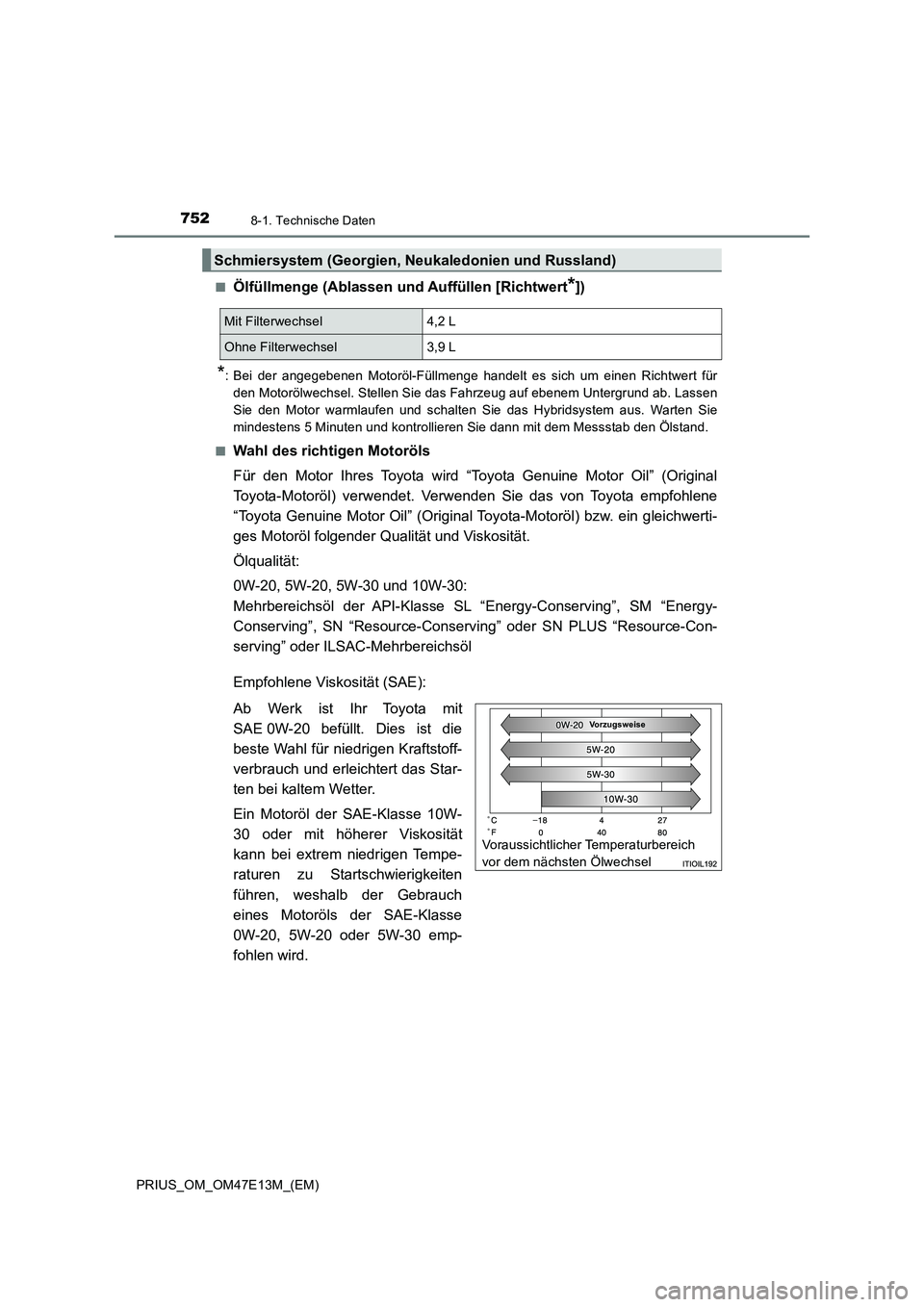 TOYOTA PRIUS 2021  Betriebsanleitungen (in German) 7528-1. Technische Daten
PRIUS_OM_OM47E13M_(EM)■
Ölfüllmenge (Ablassen und Auffüllen [Richtwert*])
*: Bei  der  angegebenen  Motoröl-Füllmenge  handelt  es  sich  um  einen Richtwert für
den M