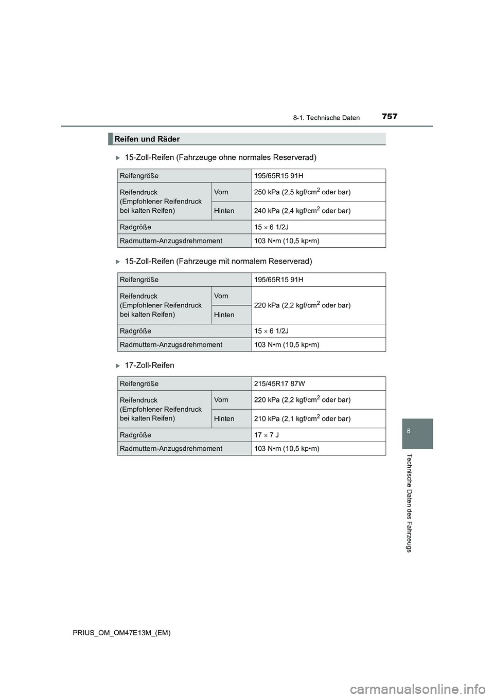 TOYOTA PRIUS 2021  Betriebsanleitungen (in German) 7578-1. Technische Daten
PRIUS_OM_OM47E13M_(EM)
8
Technische Daten des Fahrzeugs
15-Zoll-Reifen (Fahrzeuge ohne normales Reserverad)
15-Zoll-Reifen (Fahrzeuge mit normalem Reserverad)
17-Zoll