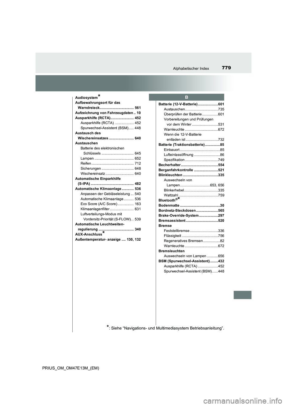 TOYOTA PRIUS 2021  Betriebsanleitungen (in German) 779Alphabetischer Index
PRIUS_OM_OM47E13M_(EM)
Audiosystem*
Aufbewahrungsort für das 
Warndreieck.................................. 561
Aufzeichnung von Fahrzeugdaten .. 10
Ausparkhilfe (RCTA) ......