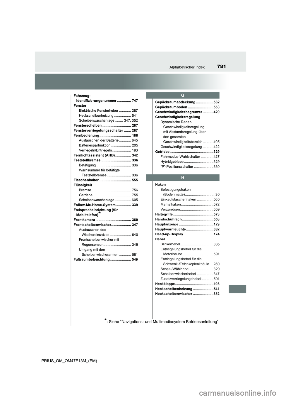 TOYOTA PRIUS 2021  Betriebsanleitungen (in German) 781Alphabetischer Index
PRIUS_OM_OM47E13M_(EM)
Fahrzeug- 
Identifizierungsnummer .............. 747
Fenster
Elektrische Fensterheber ............ 287
Heckscheibenheizung ................. 541
Scheiben