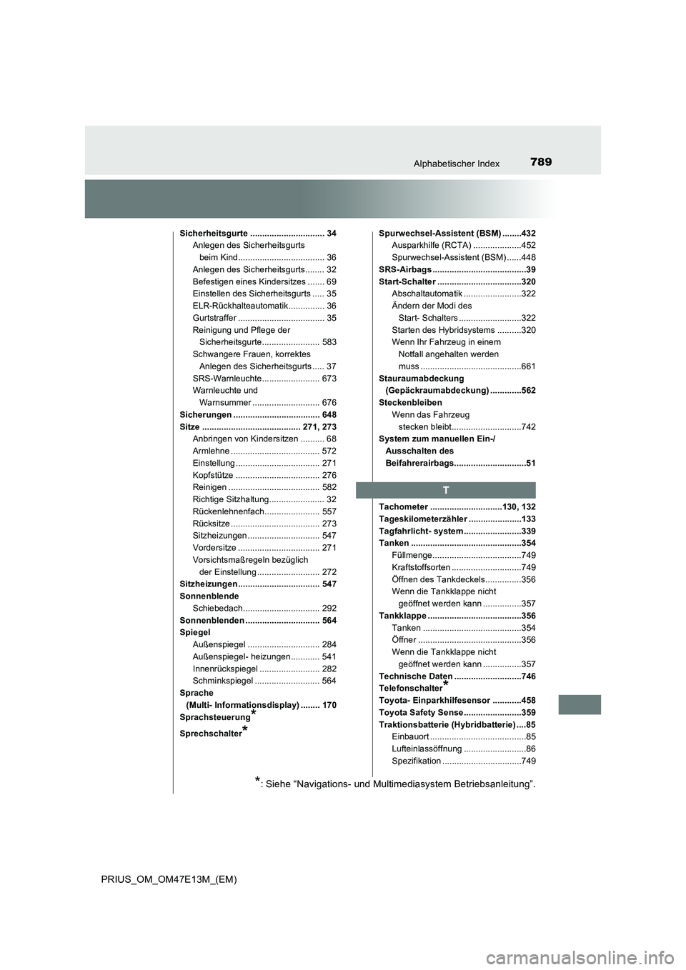 TOYOTA PRIUS 2021  Betriebsanleitungen (in German) 789Alphabetischer Index
PRIUS_OM_OM47E13M_(EM)
Sicherheitsgurte ............................... 34
Anlegen des Sicherheitsgurts 
beim Kind.................................... 36
Anlegen des Sicherheit