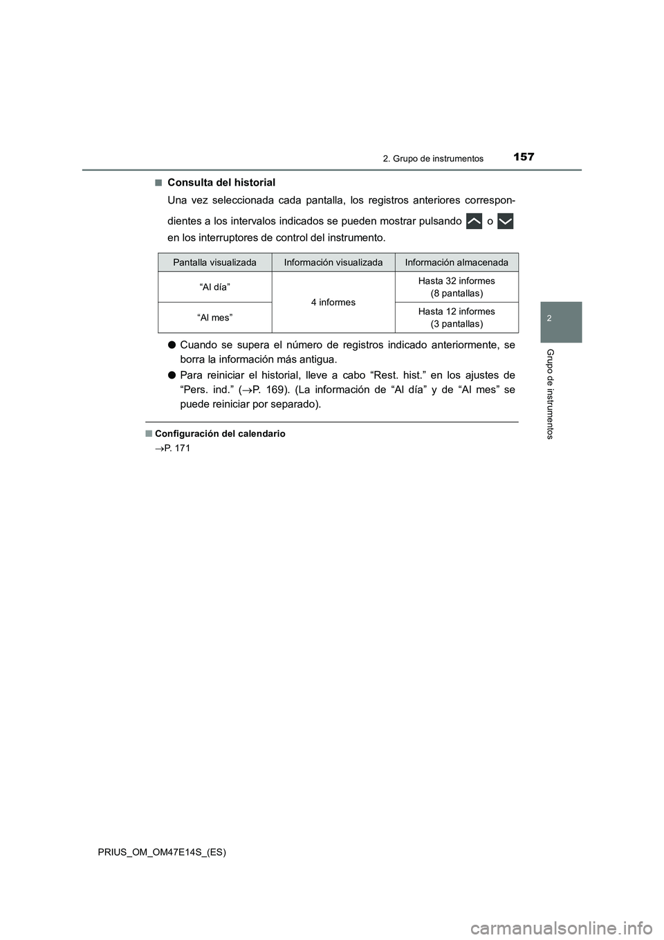 TOYOTA PRIUS 2021  Manual del propietario (in Spanish) 1572. Grupo de instrumentos
2
Grupo de instrumentos
PRIUS_OM_OM47E14S_(ES)�Q
Consulta del historial
Una  vez  seleccionada  cada  pantalla,  los  registros  anteriores  correspon-
dientes a los interv
