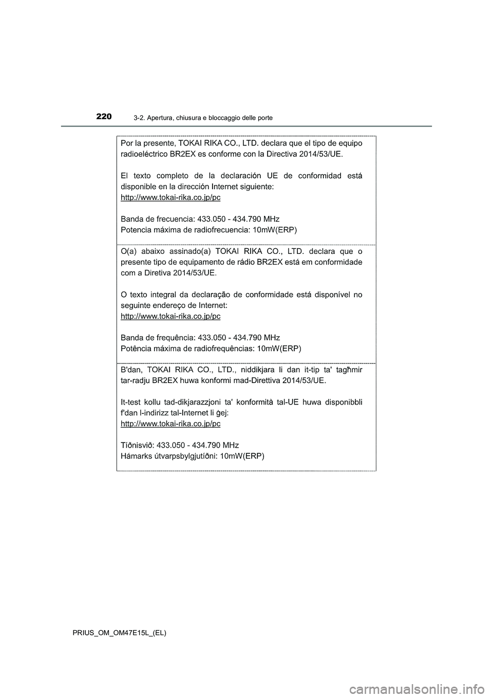 TOYOTA PRIUS 2021 Manuale duso (in Italian) 2203-2. Apertura, chiusura e bloccaggio delle porte
PRIUS_OM_OM47E15L_(EL) TOYOTA PRIUS 2021 Manuale duso (in Italian) 2203-2. Apertura, chiusura e bloccaggio delle porte
PRIUS_OM_OM47E15L_(EL)