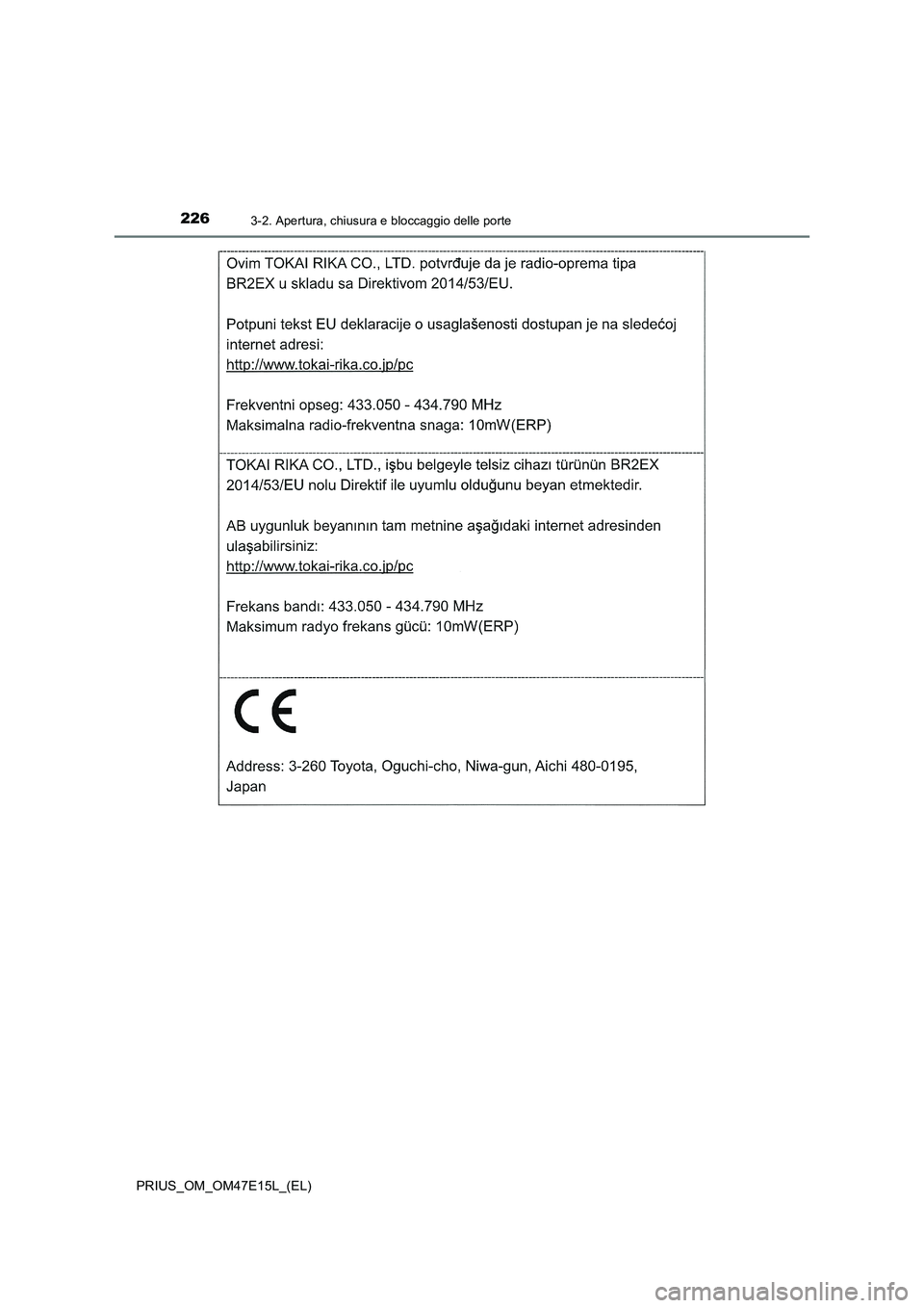 TOYOTA PRIUS 2021 Manuale duso (in Italian) 2263-2. Apertura, chiusura e bloccaggio delle porte
PRIUS_OM_OM47E15L_(EL) TOYOTA PRIUS 2021 Manuale duso (in Italian) 2263-2. Apertura, chiusura e bloccaggio delle porte
PRIUS_OM_OM47E15L_(EL)