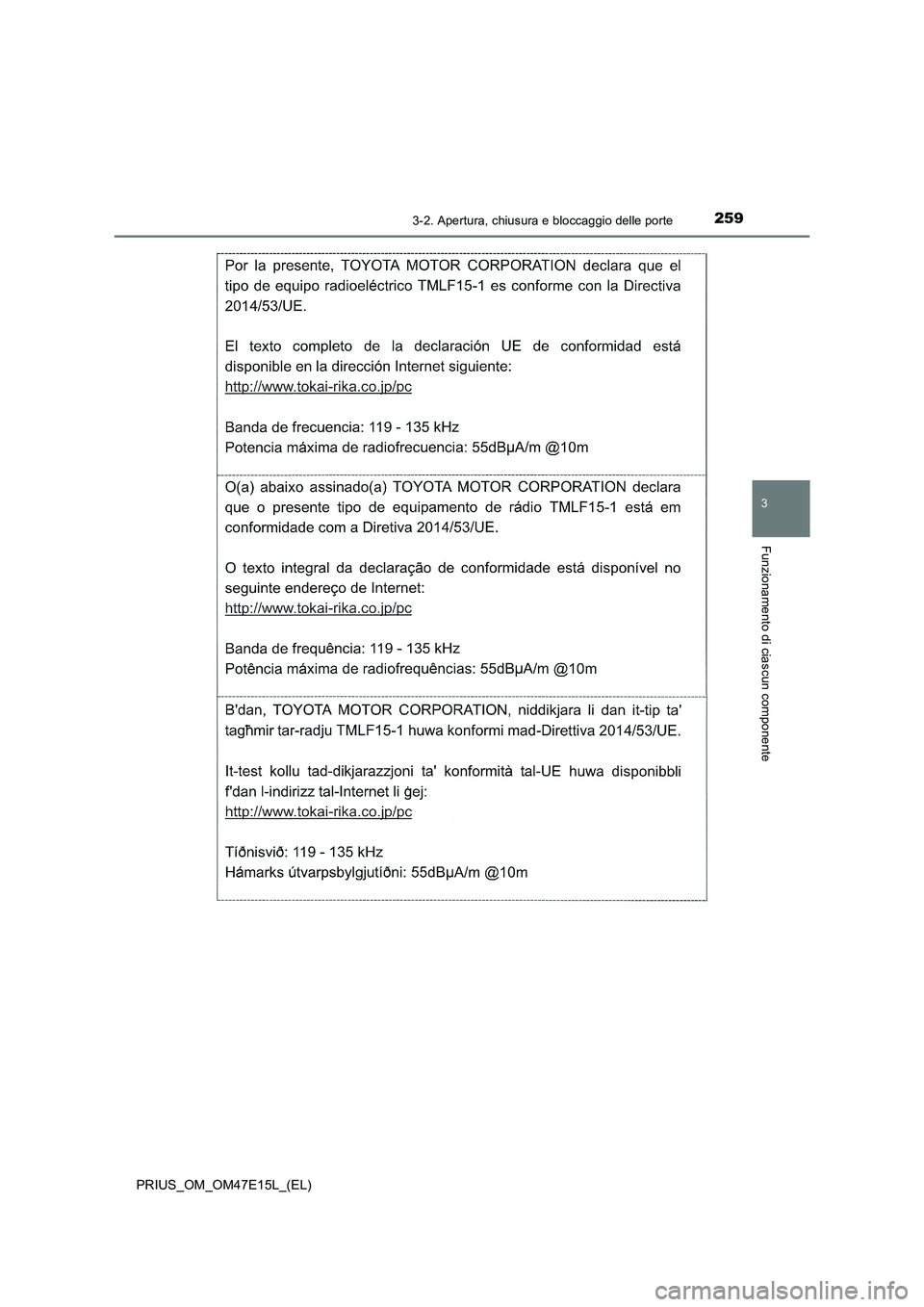 TOYOTA PRIUS 2021 Manuale duso (in Italian) 2593-2. Apertura, chiusura e bloccaggio delle porte
3
Funzionamento di ciascun componente
PRIUS_OM_OM47E15L_(EL) TOYOTA PRIUS 2021 Manuale duso (in Italian) 2593-2. Apertura, chiusura e bloccaggio delle porte
3
Funzionamento di ciascun componente
PRIUS_OM_OM47E15L_(EL)