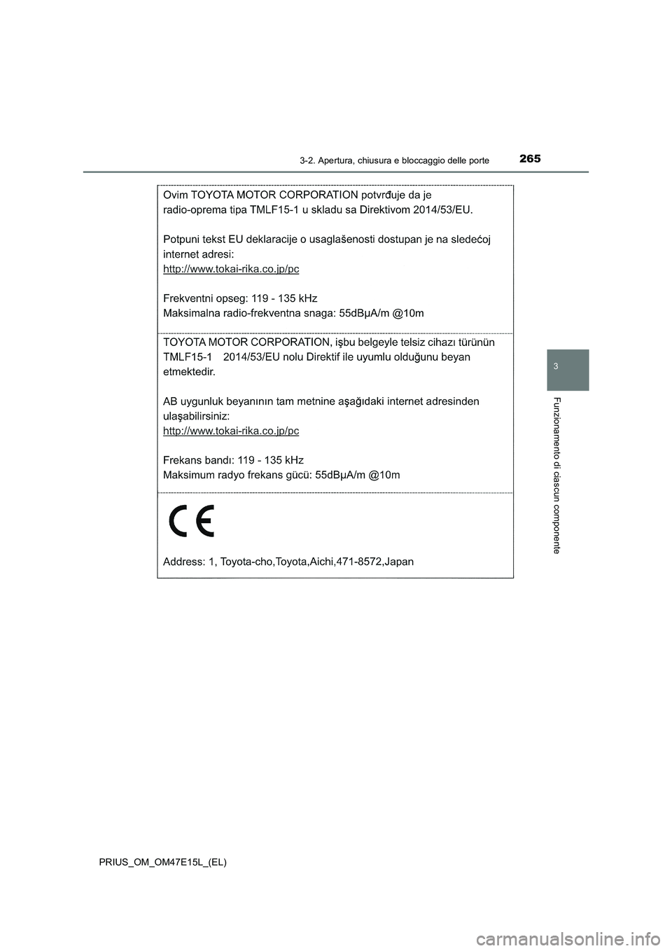 TOYOTA PRIUS 2021  Manuale duso (in Italian) 2653-2. Apertura, chiusura e bloccaggio delle porte
3
Funzionamento di ciascun componente
PRIUS_OM_OM47E15L_(EL) 
