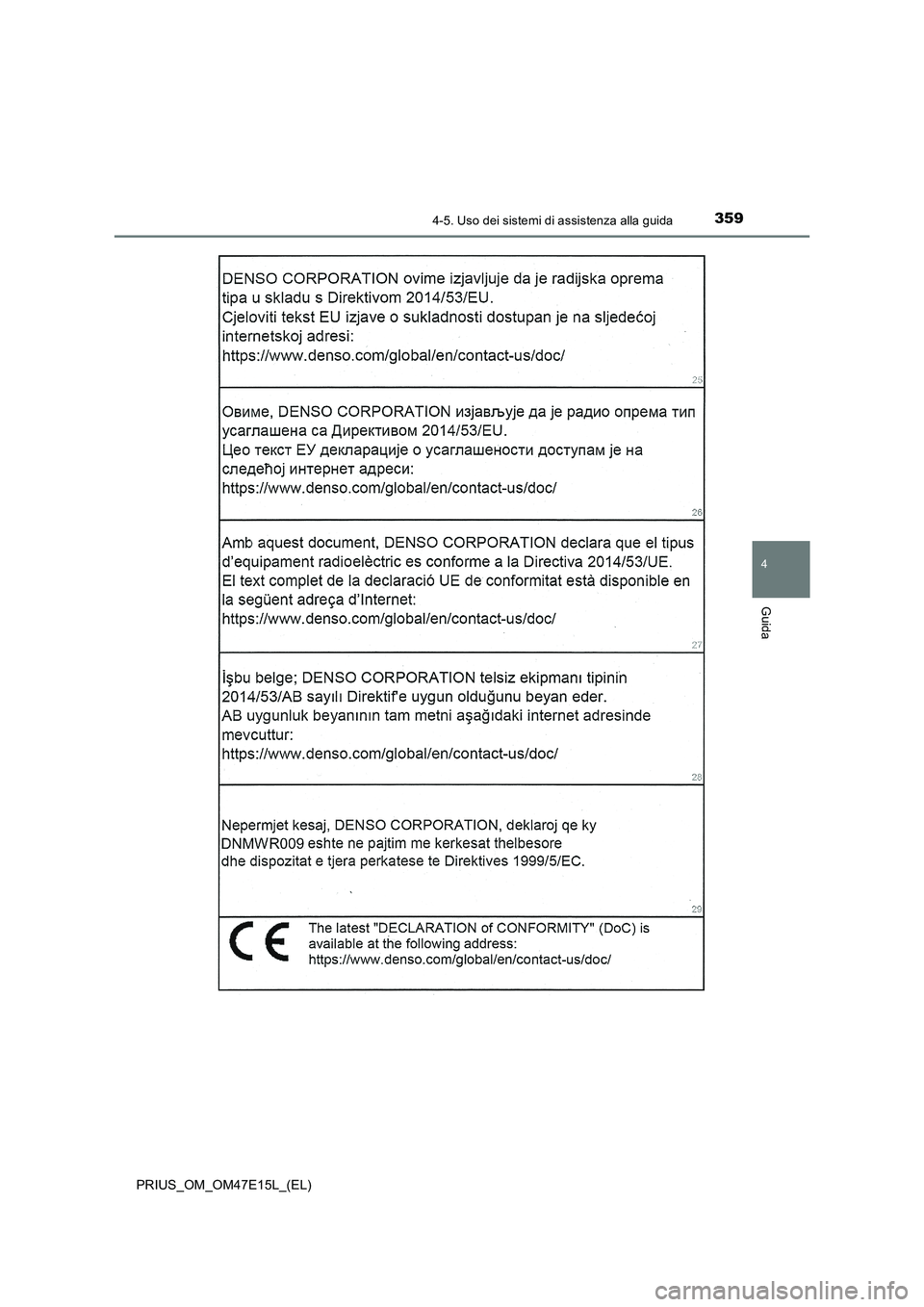 TOYOTA PRIUS 2021  Manuale duso (in Italian) 3594-5. Uso dei sistemi di assistenza alla guida
4
Guida
PRIUS_OM_OM47E15L_(EL) 