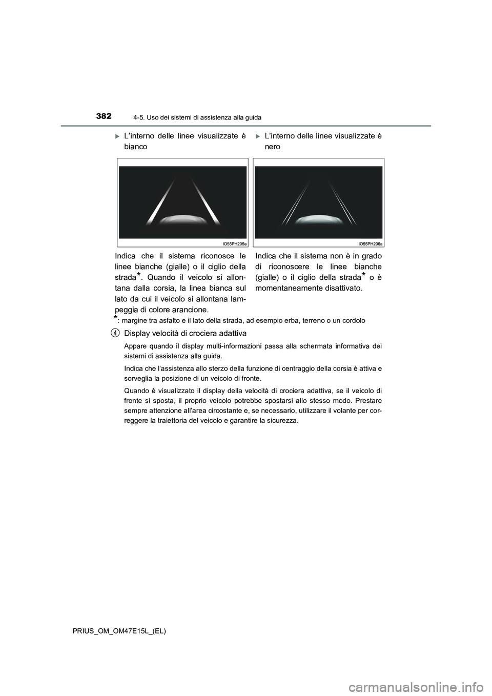 TOYOTA PRIUS 2021  Manuale duso (in Italian) 3824-5. Uso dei sistemi di assistenza alla guida
PRIUS_OM_OM47E15L_(EL)
*: margine tra asfalto e il lato della strada, ad esempio erba, terreno o un cordolo
Display velocità di crociera adattiva
Appa