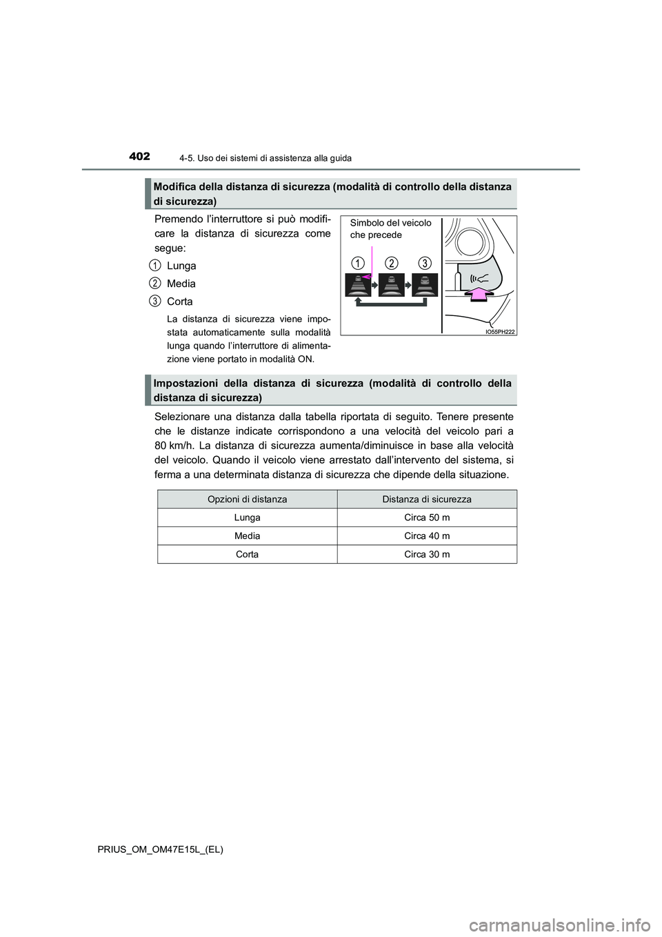 TOYOTA PRIUS 2021  Manuale duso (in Italian) 4024-5. Uso dei sistemi di assistenza alla guida
PRIUS_OM_OM47E15L_(EL)
Premendo  l’interruttore  si  può  modifi- 
care  la  distanza  di  sicurezza  come 
segue: 
Lunga
Media 
Corta
La  distanza 