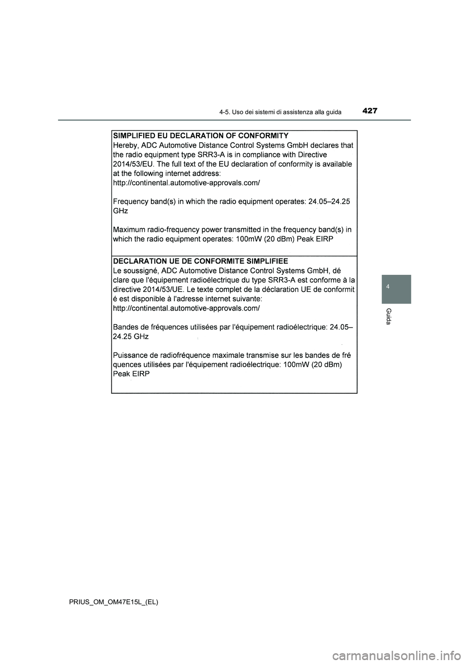 TOYOTA PRIUS 2021  Manuale duso (in Italian) 4274-5. Uso dei sistemi di assistenza alla guida
4
Guida
PRIUS_OM_OM47E15L_(EL) 