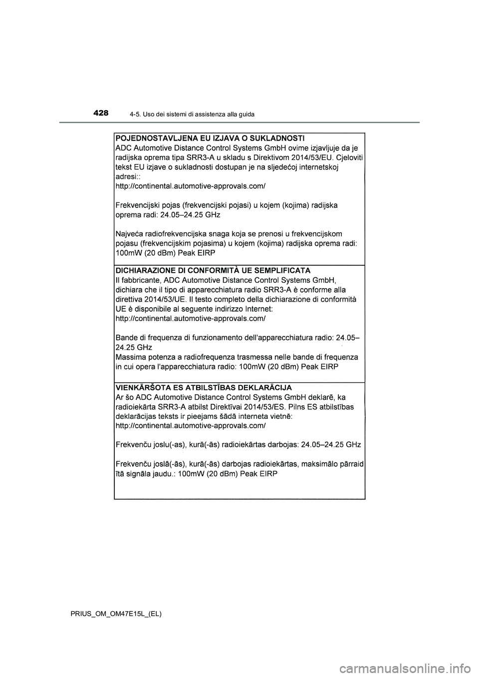 TOYOTA PRIUS 2021  Manuale duso (in Italian) 4284-5. Uso dei sistemi di assistenza alla guida
PRIUS_OM_OM47E15L_(EL) 