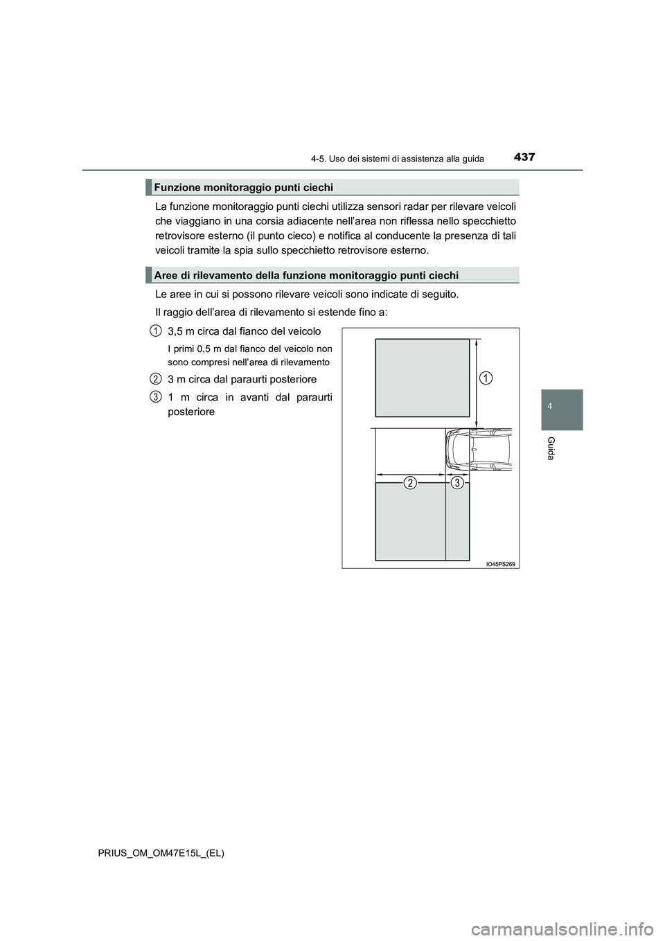 TOYOTA PRIUS 2021  Manuale duso (in Italian) 4374-5. Uso dei sistemi di assistenza alla guida
4
Guida
PRIUS_OM_OM47E15L_(EL)
La funzione monitoraggio punti ciechi utilizza sensori radar per rilevare veicoli
che viaggiano in una corsia adiacente 