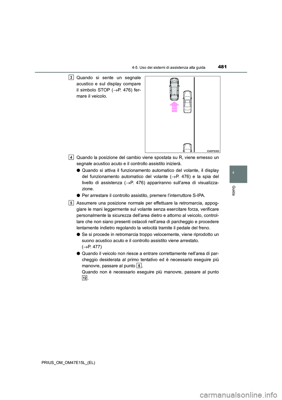 TOYOTA PRIUS 2021 Manuale duso (in Italian) 4814-5. Uso dei sistemi di assistenza alla guida
4
Guida
PRIUS_OM_OM47E15L_(EL)
Quando si sente un segnale
acustico e sul display compare
il simbolo STOP ( P. 476) fer-
mare il veic TOYOTA PRIUS 2021 Manuale duso (in Italian) 4814-5. Uso dei sistemi di assistenza alla guida
4
Guida
PRIUS_OM_OM47E15L_(EL)
Quando si sente un segnale
acustico e sul display compare
il simbolo STOP ( P. 476) fer-
mare il veic
