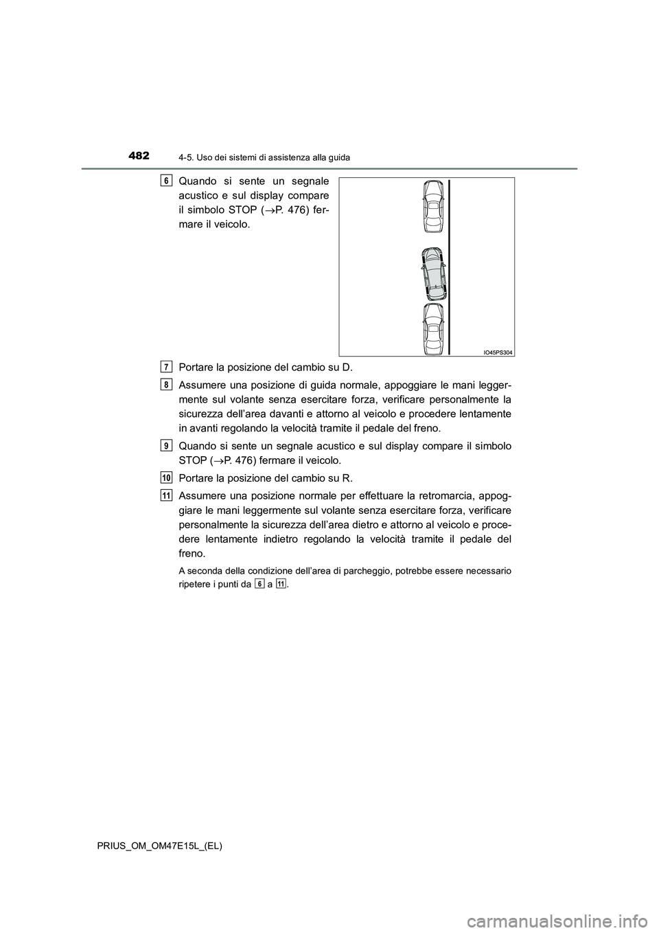 TOYOTA PRIUS 2021 Manuale duso (in Italian) 4824-5. Uso dei sistemi di assistenza alla guida
PRIUS_OM_OM47E15L_(EL)
Quando si sente un segnale
acustico e sul display compare
il simbolo STOP ( P. 476) fer-
mare il veicolo.
Po TOYOTA PRIUS 2021 Manuale duso (in Italian) 4824-5. Uso dei sistemi di assistenza alla guida
PRIUS_OM_OM47E15L_(EL)
Quando si sente un segnale
acustico e sul display compare
il simbolo STOP ( P. 476) fer-
mare il veicolo.
Po