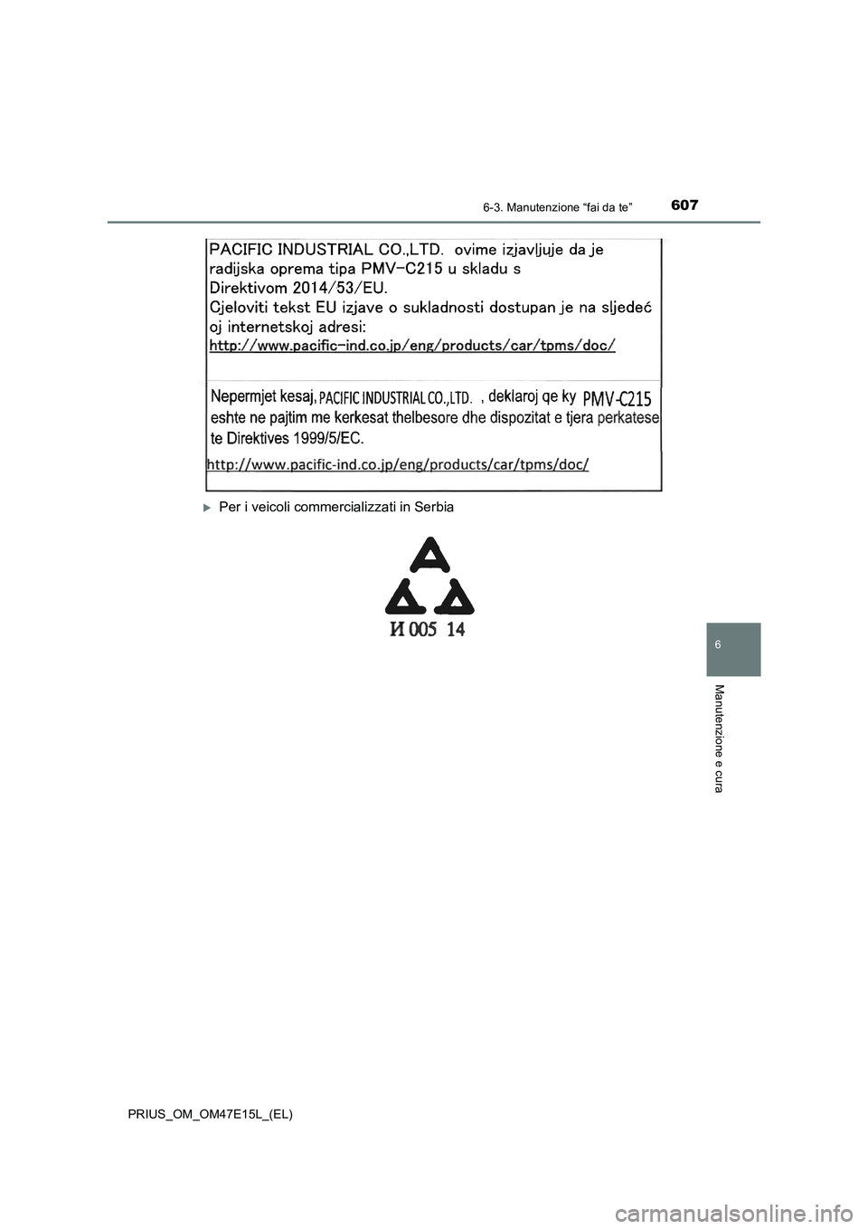 TOYOTA PRIUS 2021  Manuale duso (in Italian) 6076-3. Manutenzione “fai da te”
PRIUS_OM_OM47E15L_(EL)
6
Manutenzione e cura
Per i veicoli commercializzati in Serbia 