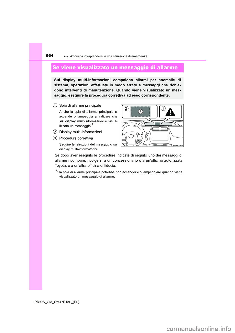 TOYOTA PRIUS 2021  Manuale duso (in Italian) 6647-2. Azioni da intraprendere in una situazione di emergenza
PRIUS_OM_OM47E15L_(EL)
Se viene visualizzato un messaggio di allarme
Spia di allarme principale
Anche  la  spia  di  allarme  principale 