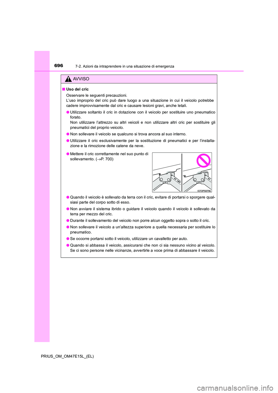 TOYOTA PRIUS 2021  Manuale duso (in Italian) 6967-2. Azioni da intraprendere in una situazione di emergenza
PRIUS_OM_OM47E15L_(EL)
AVVISO
�QUso del cric 
Osservare le seguenti precauzioni.  
L’uso  improprio  del  cric  può  dare  luogo  a  u
