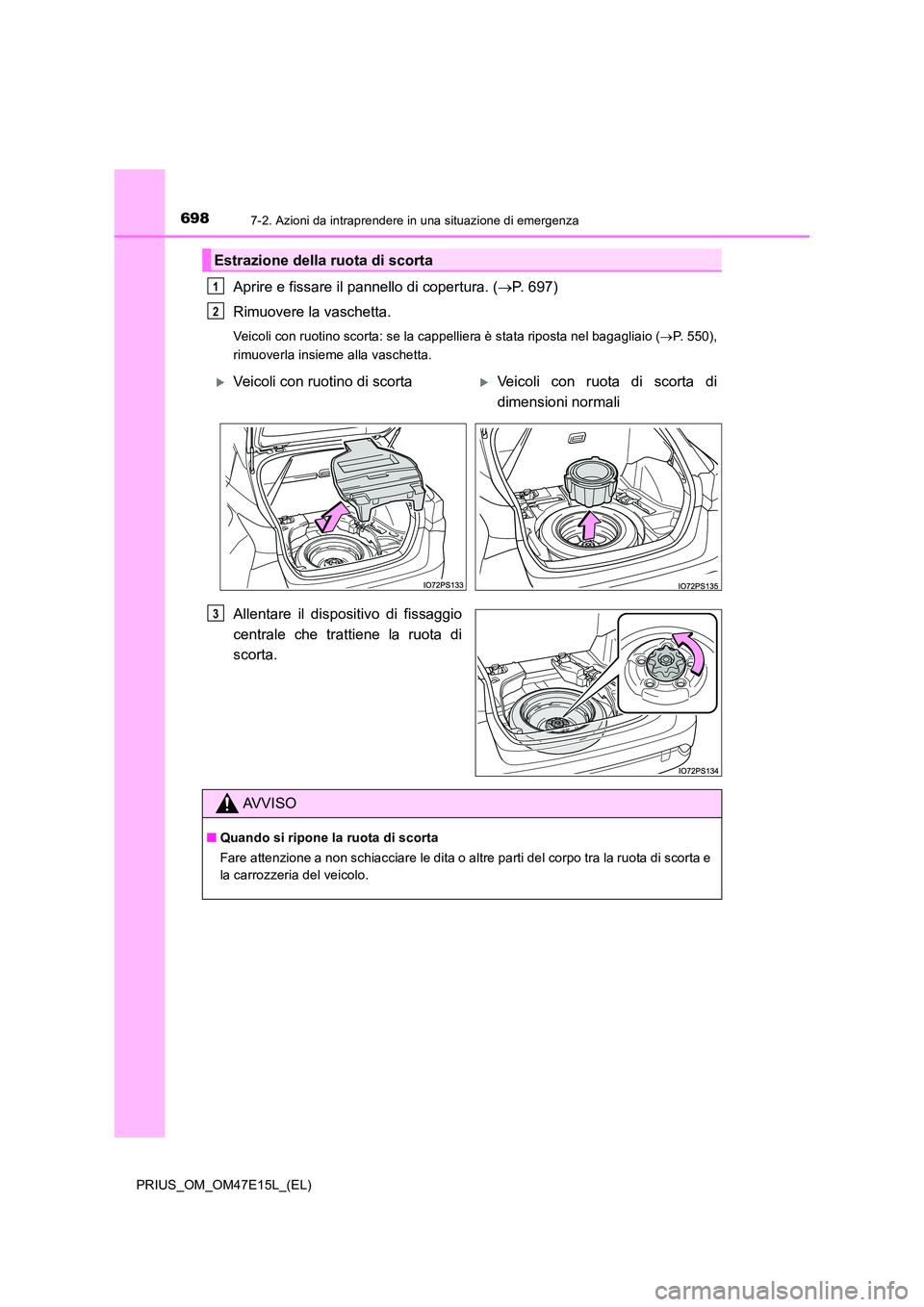 TOYOTA PRIUS 2021  Manuale duso (in Italian) 6987-2. Azioni da intraprendere in una situazione di emergenza
PRIUS_OM_OM47E15L_(EL)
Aprire e fissare il pannello di copertura. (P. 697) 
Rimuovere la vaschetta.
Veicoli con ruotino scorta: se la 