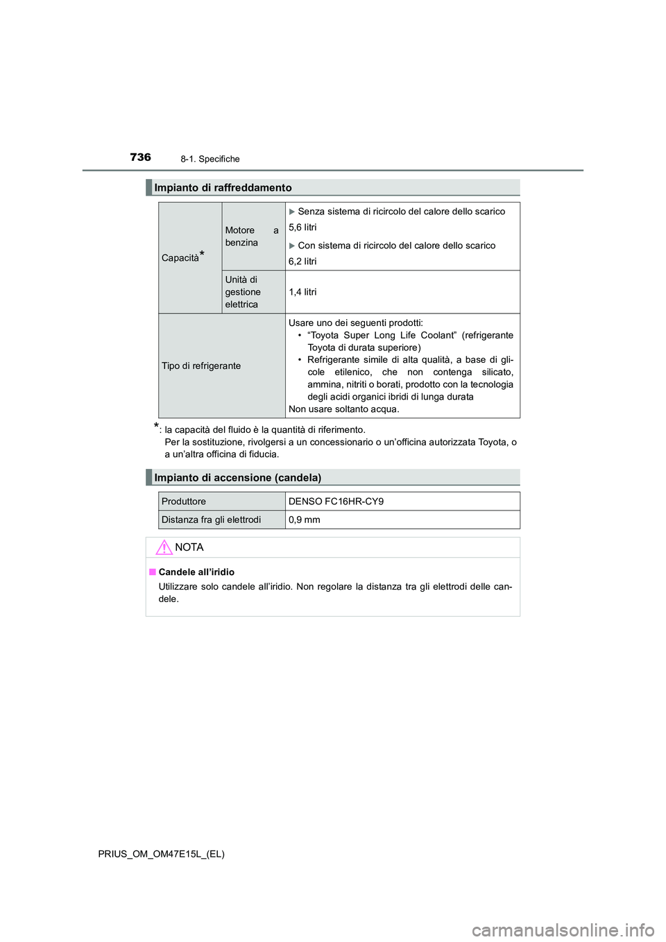 TOYOTA PRIUS 2021  Manuale duso (in Italian) 7368-1. Specifiche
PRIUS_OM_OM47E15L_(EL)
*: la capacità del fluido è la quantità di riferimento. 
Per la sostituzione, rivolgersi a un concessionario o un’offici na autorizzata Toyota, o 
a un