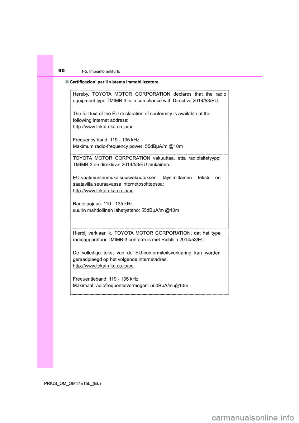 TOYOTA PRIUS 2021  Manuale duso (in Italian) 901-5. Impianto antifurto
PRIUS_OM_OM47E15L_(EL) 
�Q Certificazioni per il sistema immobilizzatore 