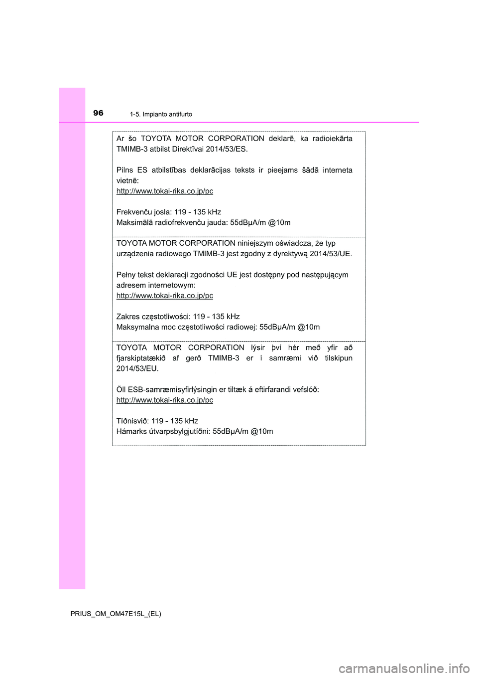 TOYOTA PRIUS 2021  Manuale duso (in Italian) 961-5. Impianto antifurto
PRIUS_OM_OM47E15L_(EL) 